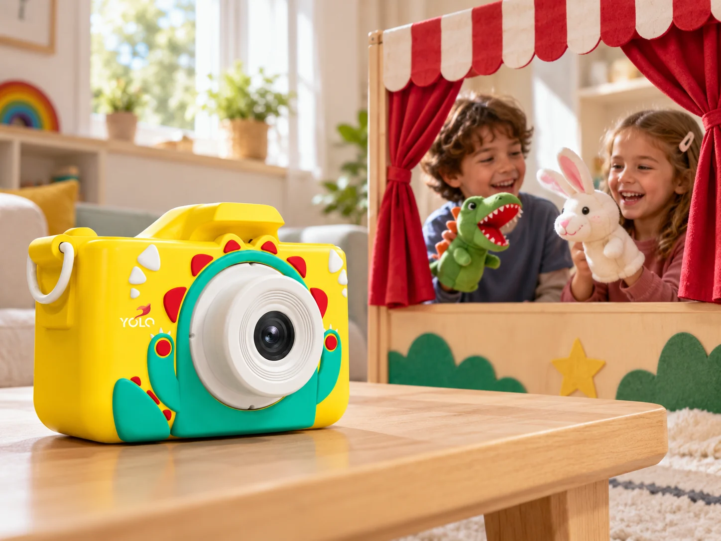 YOLO Kids Camera beside a playful puppet performance