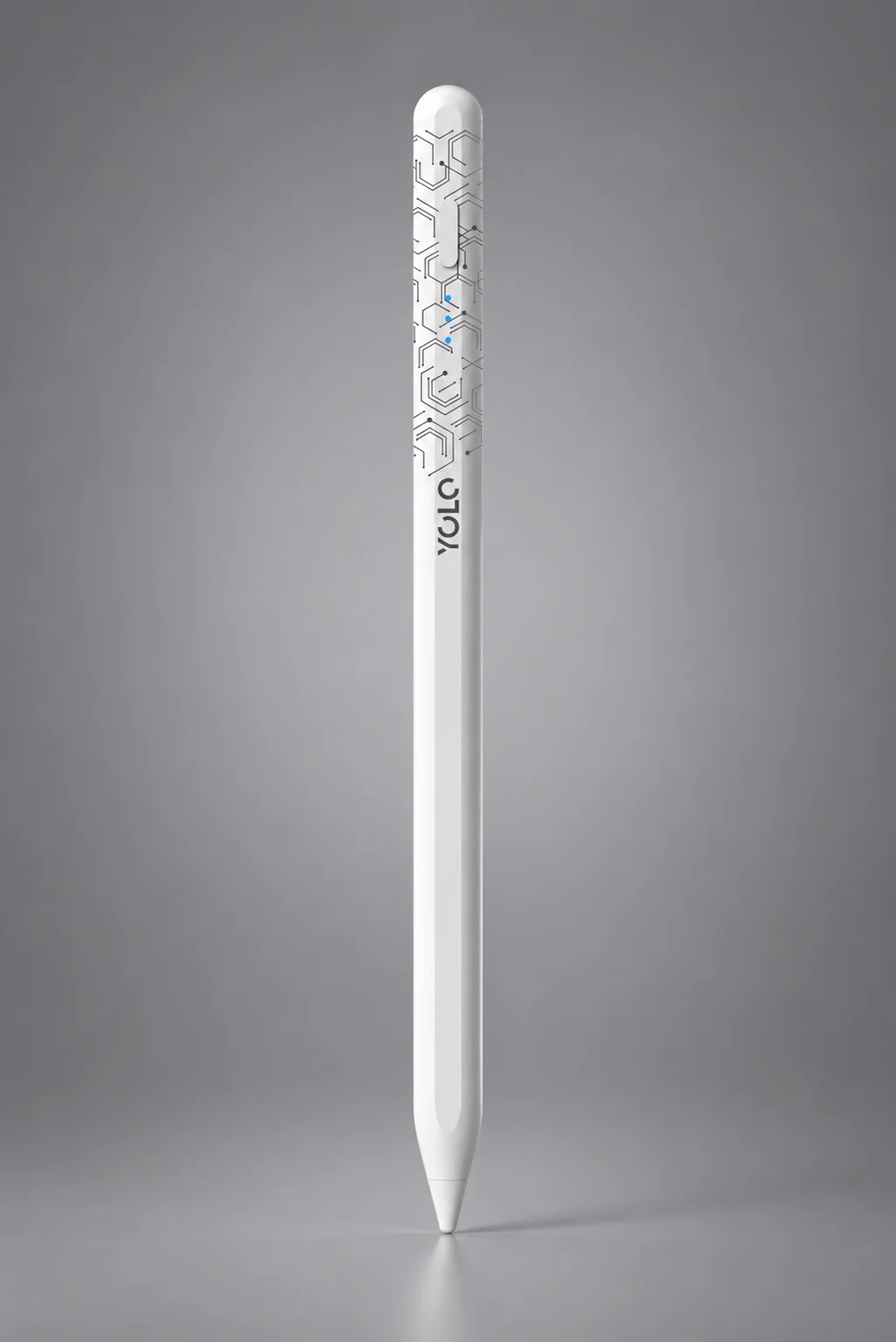 White YOLO circuit-pattern stylus, upright studio view.